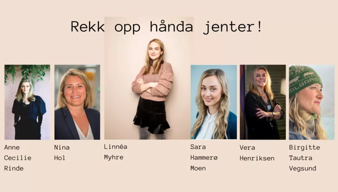 Foto av plakat av foredragsholdere. Fra venstre ser vi Anne Cecilie Rinde, Nina Hol, Linnéa Myhre, Sara Hammerø Moen, Vera Henriksen og Birgitte Tautra Vegsund. 