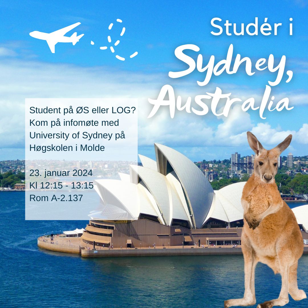Tirsdag 23.1 kommer Universitetet i Sydney på besøk!  De skal ha en presentasjon for studenter på ØS/LOG som er interessert i utveksling  Kl 12.15-13.15.  Rom A-2.137.  Velkommen!