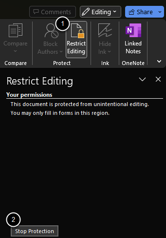 Skjermbilde som viser valg for å slå av beskyttelse i menyen Restrict Editing
